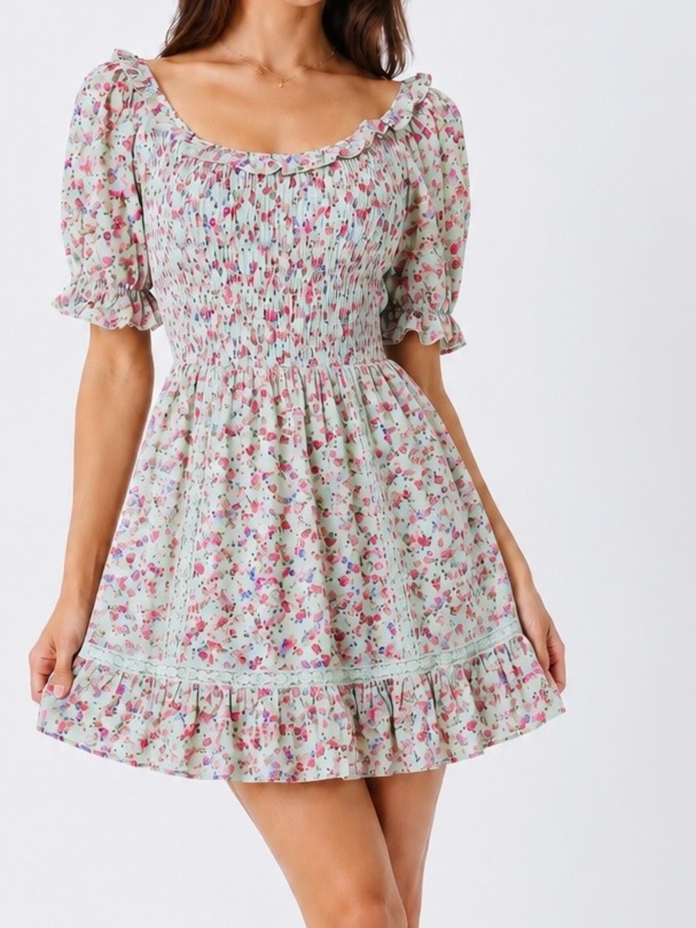 LOVESHACKFANCY Mint Green Pink Floral Smocked Mini Dress Ruffles & Puff Sleeves
